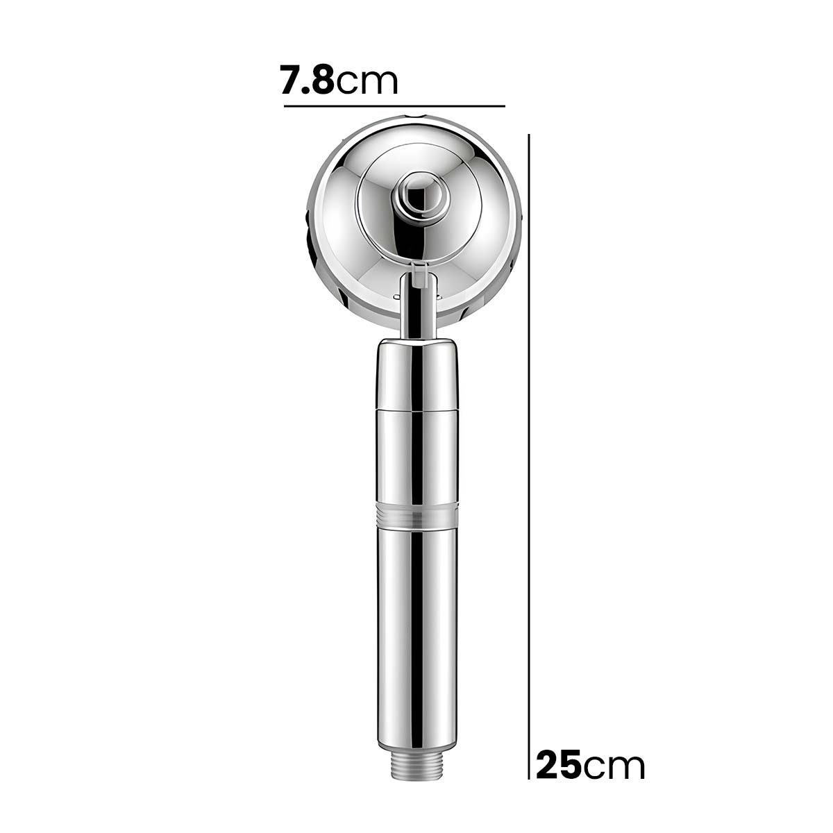 Chrom-Duschkopf mit Messungen: 7,8 cm breit und 25 cm lang.