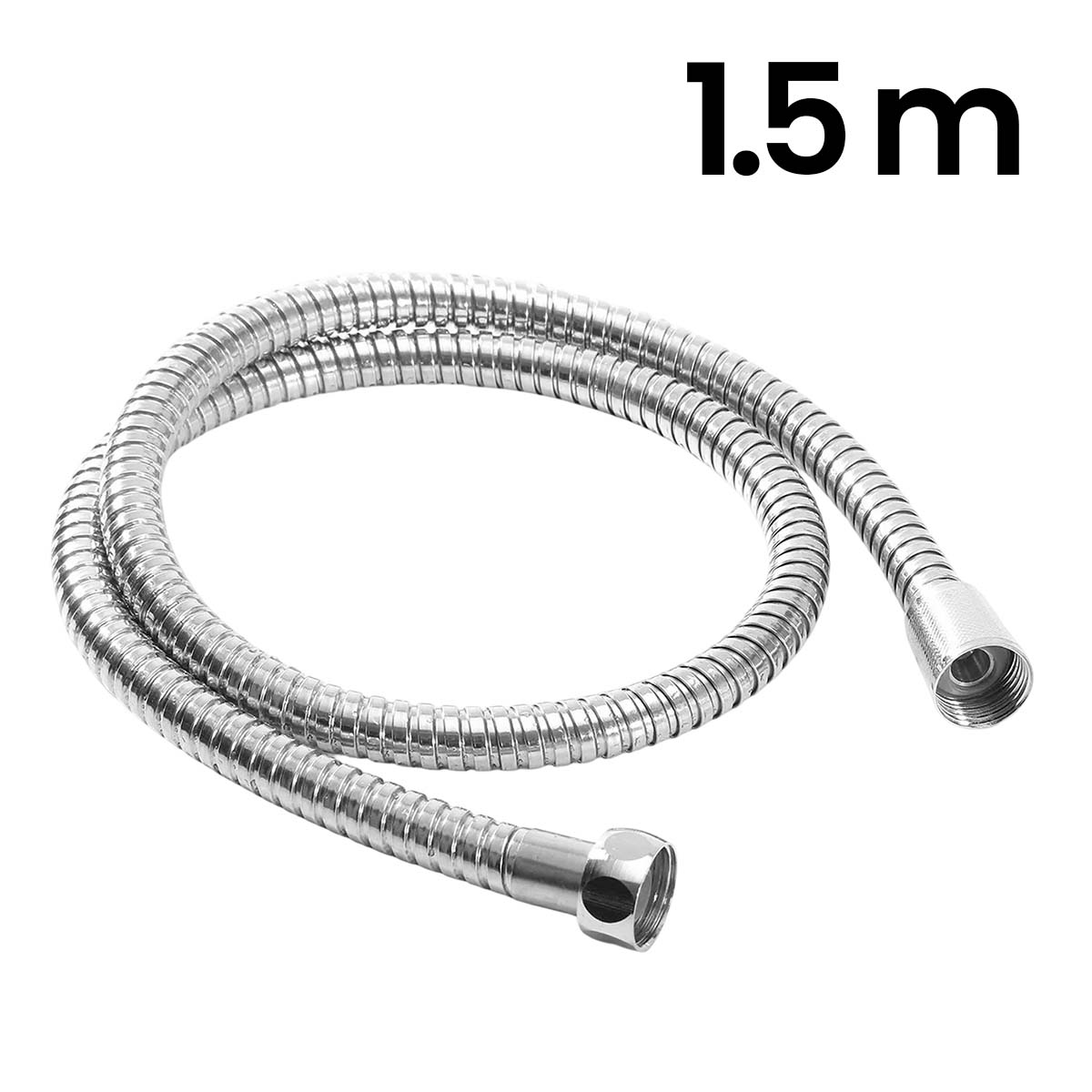 Ein silberner 1,5 m langer flexibler Metallduschschlauch auf weißem Grund.