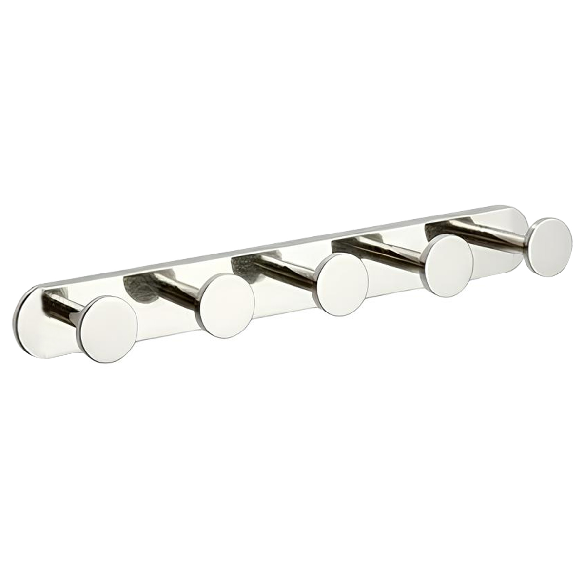 Ein glänzender Wandhakenleiste mit sechs runden Haken.