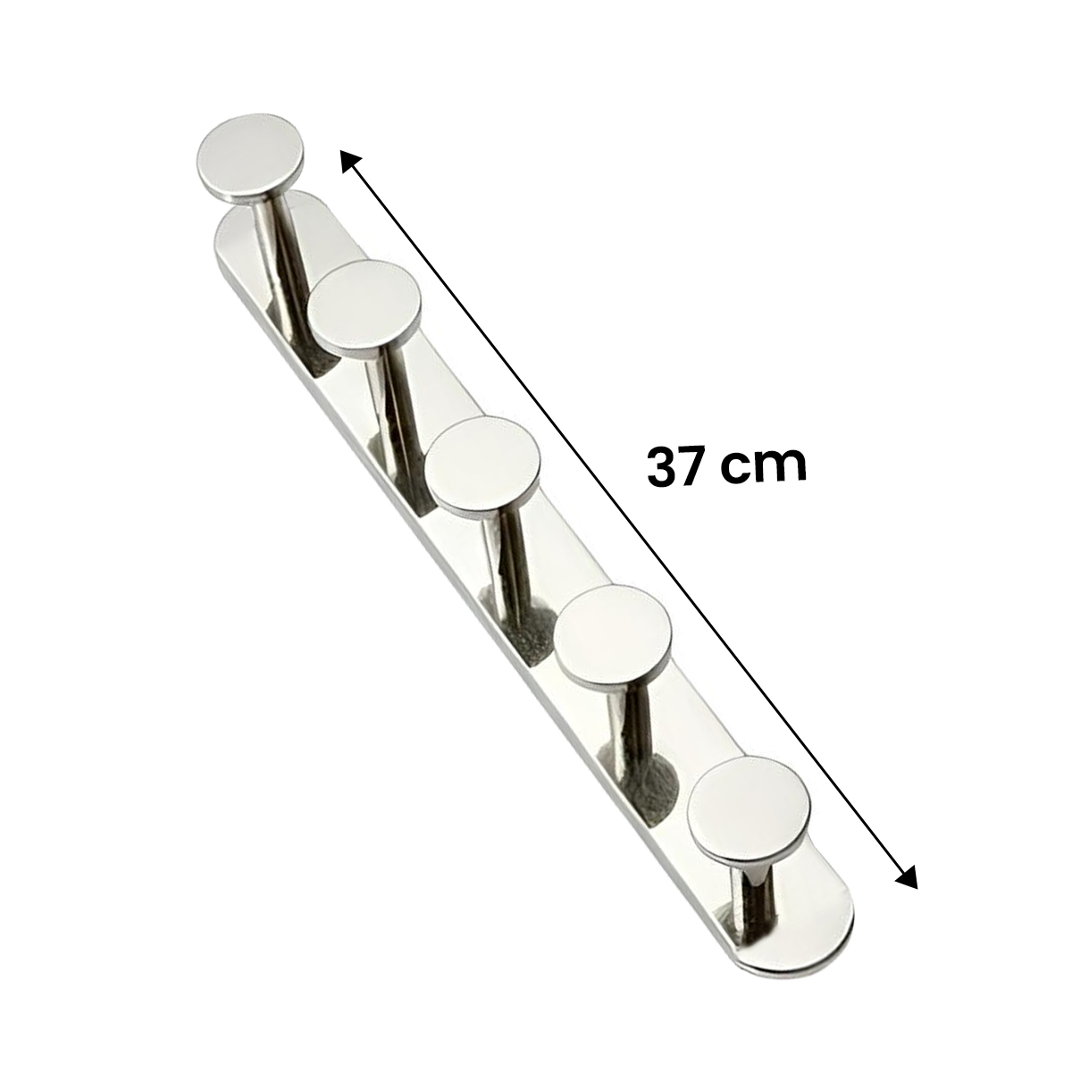 Ein silberner Wandhakenleiste mit fünf Haken, 37 cm lang, auf weißem Grund.