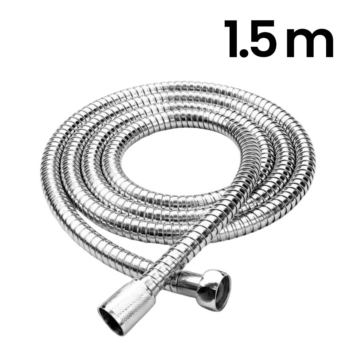 Eine silberne, flexible Duschbrause mit 1,5 m Länge liegt auf weißem Grund.