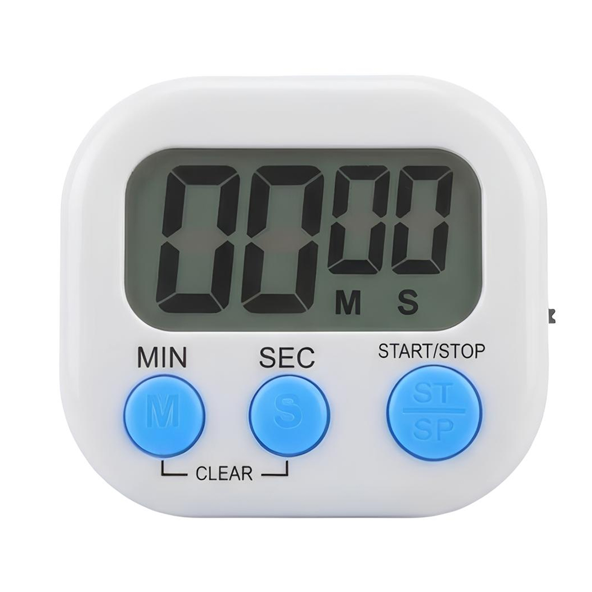 Ein weißer digitaler Timer mit blauen Tasten und einem LCD-Display, das 00:00 anzeigt.