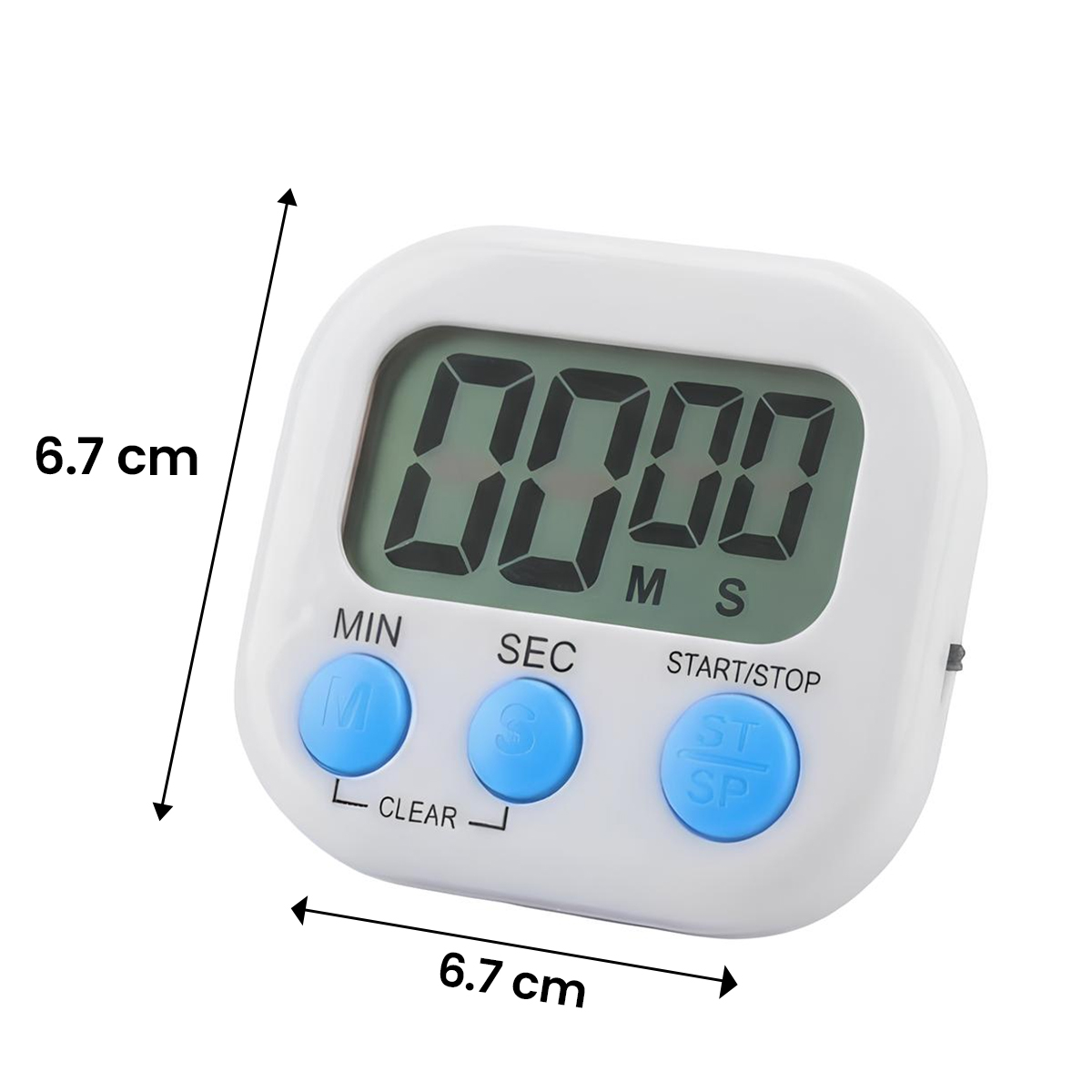 Ein weißer digitaler Timer mit einem LCD-Bildschirm und blauen Knöpfen.