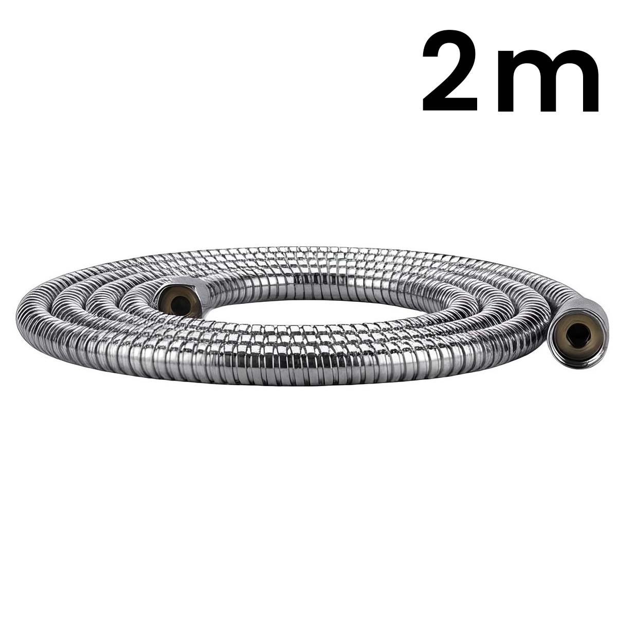 Eine 2 Meter lange, silberne Duschschlauchrolle auf weißem Hintergrund.