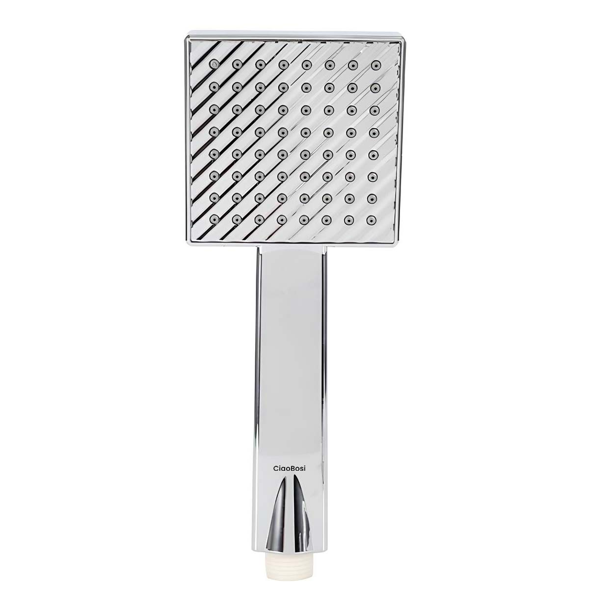 Ein rechteckiger Duschkopf aus Chrom mit vielen kleinen Düsen und einem Griff.