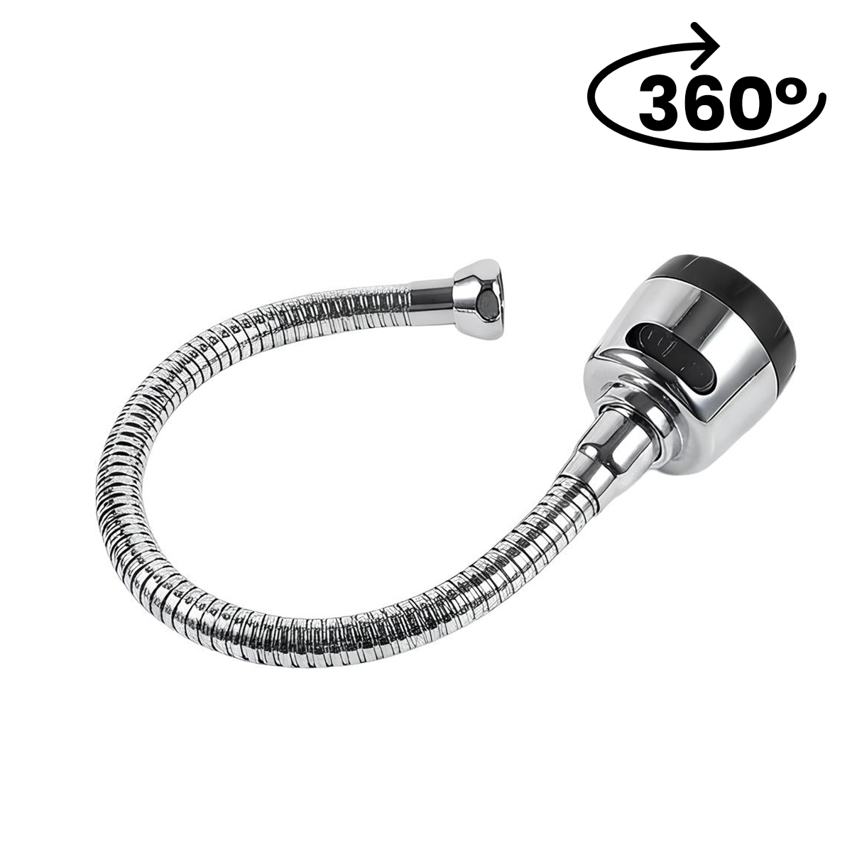 Ein flexibler Wasserhahnaufsatz mit 360-Grad-Symbol.