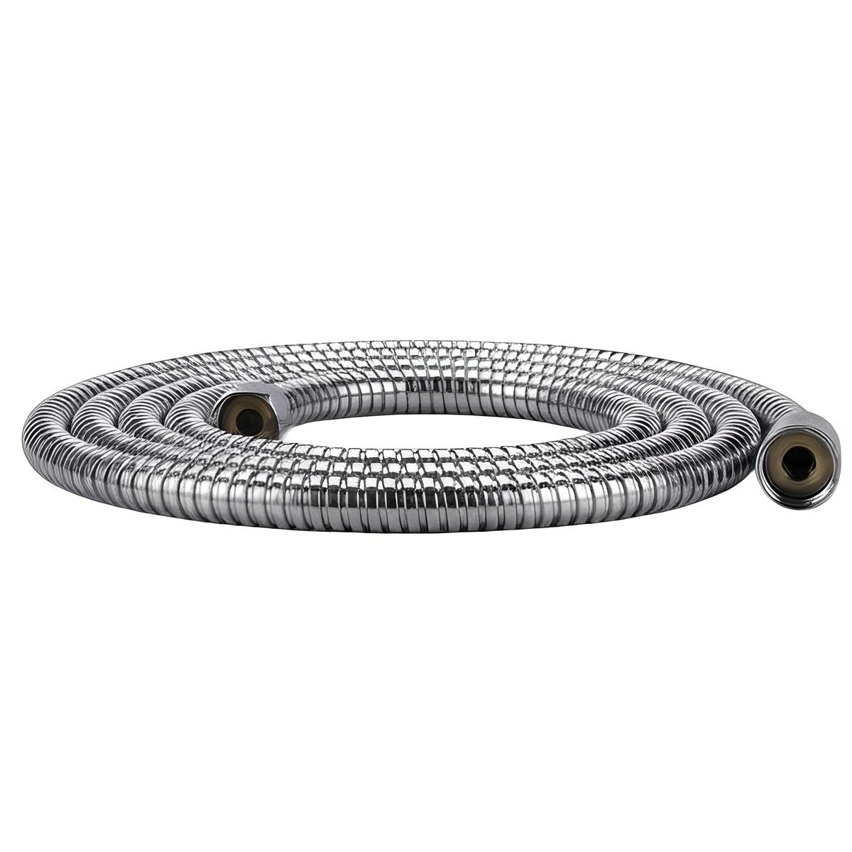Ein glänzender, flexibler Metallduschschlauch, aufgerollt.