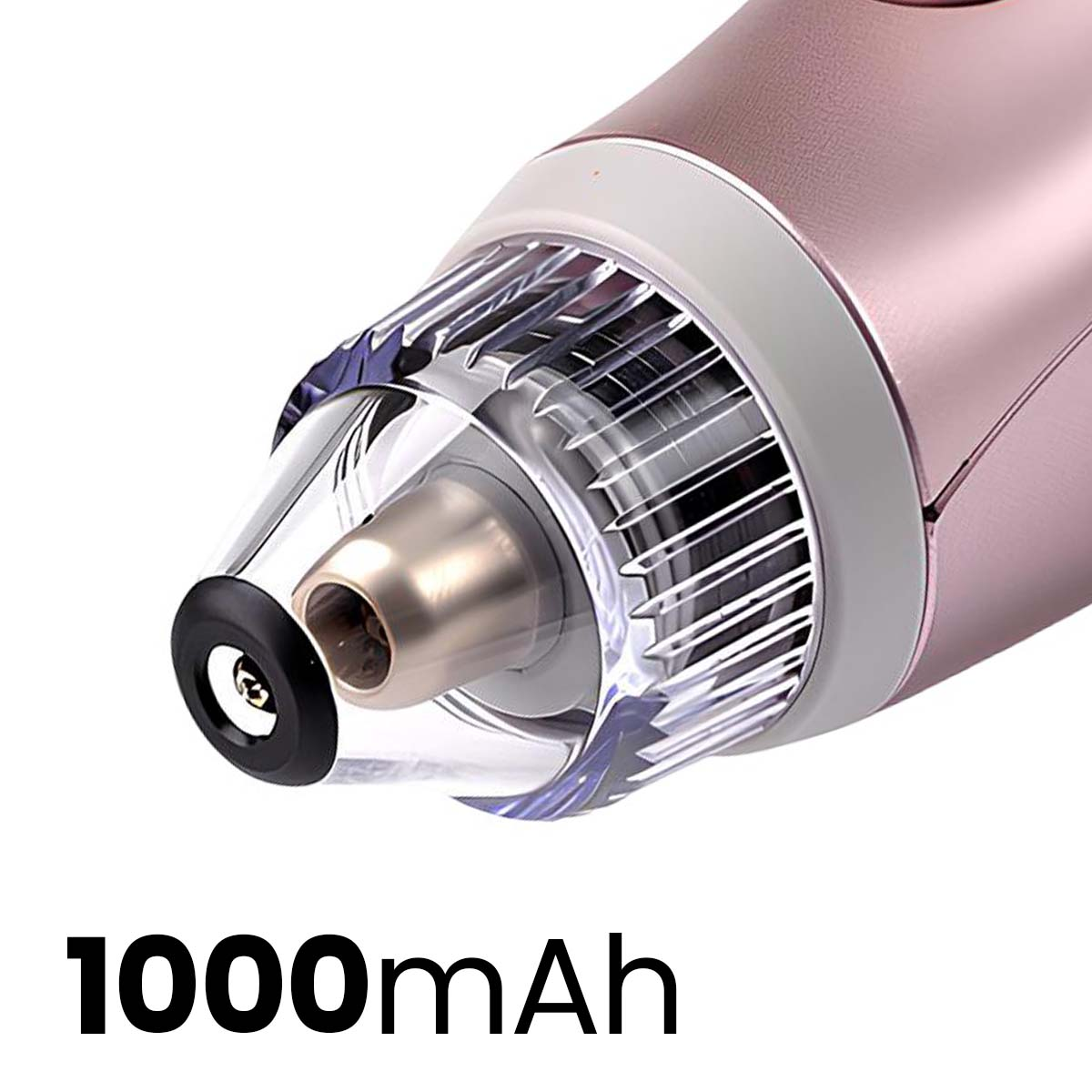 Nahaufnahme eines roségoldenen Hautpflegegeräts mit transparentem Kopf und der Angabe 1000 mAh.