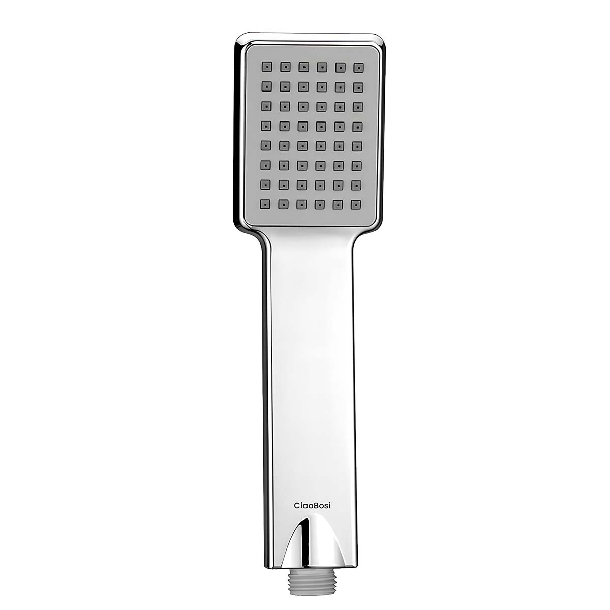 Verchromter Duschkopf mit rechteckigem Design und vielen kleinen Düsen.