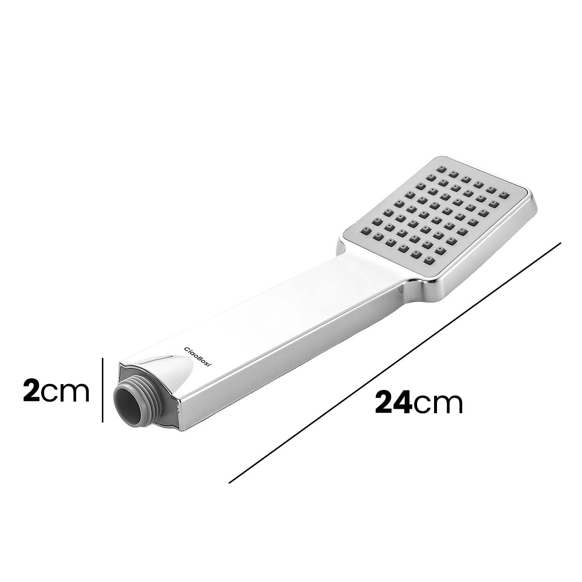 Ein weißer und silberner Handbrausekopf mit 2cm Durchmesser und 24cm Länge.