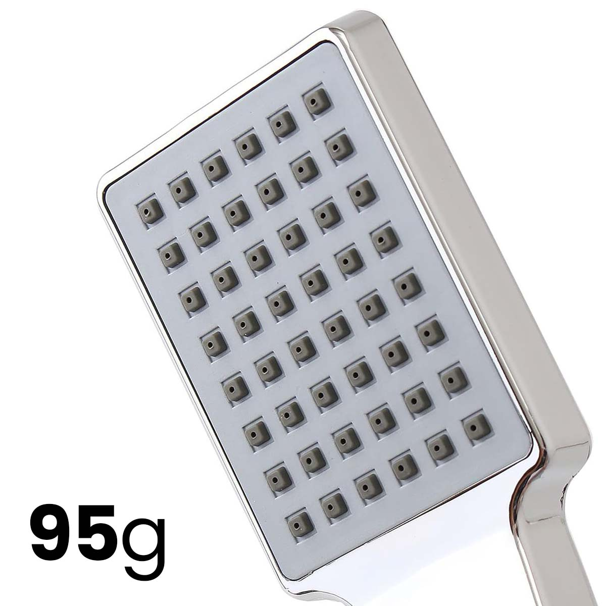 Ein rechteckiger Duschkopf aus glänzendem Chrom mit vielen kleinen Düsen, 95g.