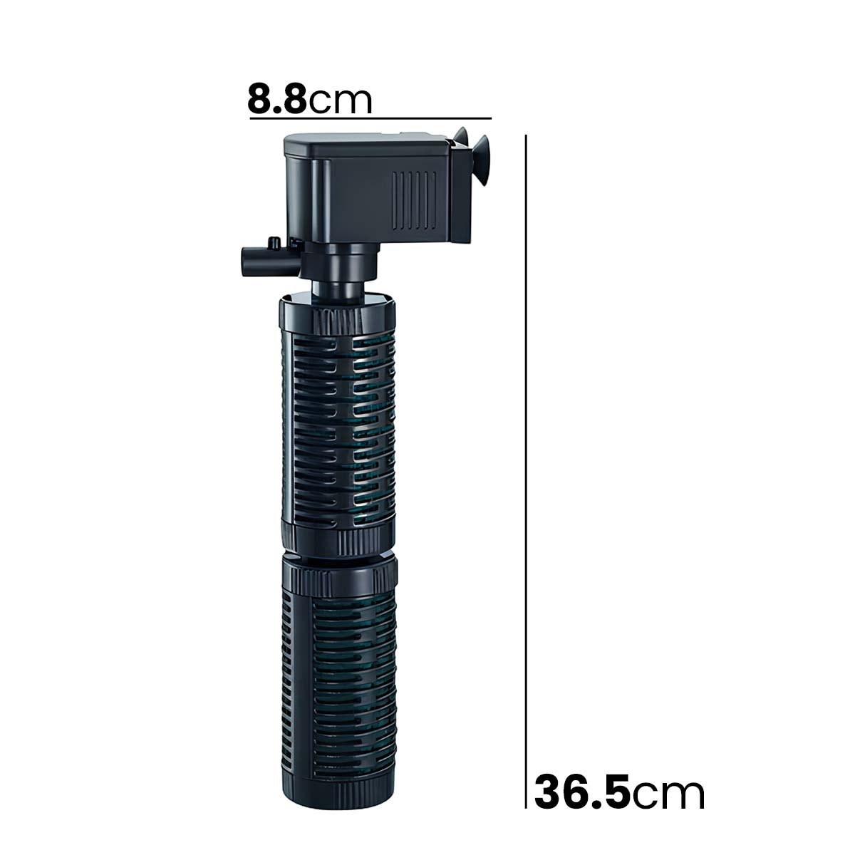 Schwarzer Aquariumfilter, 36,5cm hoch und 8,8cm breit.