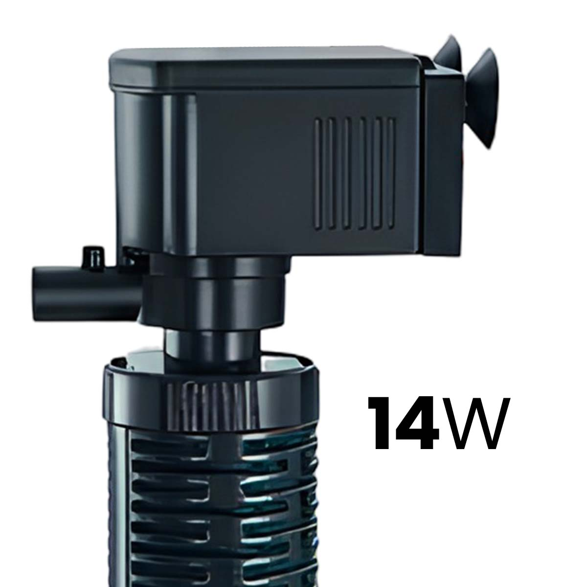 Schwarzer Aquarienfilter mit 14W Aufschrift, auf weißem Hintergrund.