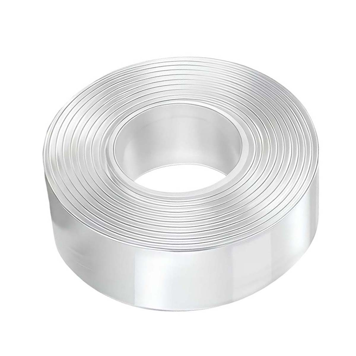 Eine Rolle aus transparentem, glänzendem Klebeband, aufgewickelt auf eine weiße Spule.
