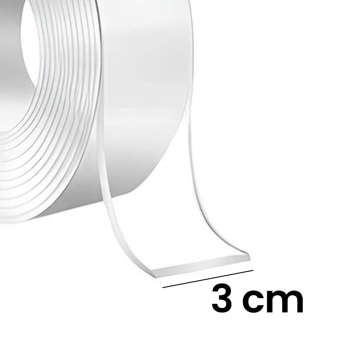 Eine Rolle transparentes, doppelseitiges Klebeband mit 3 cm Breite ist abgebildet.