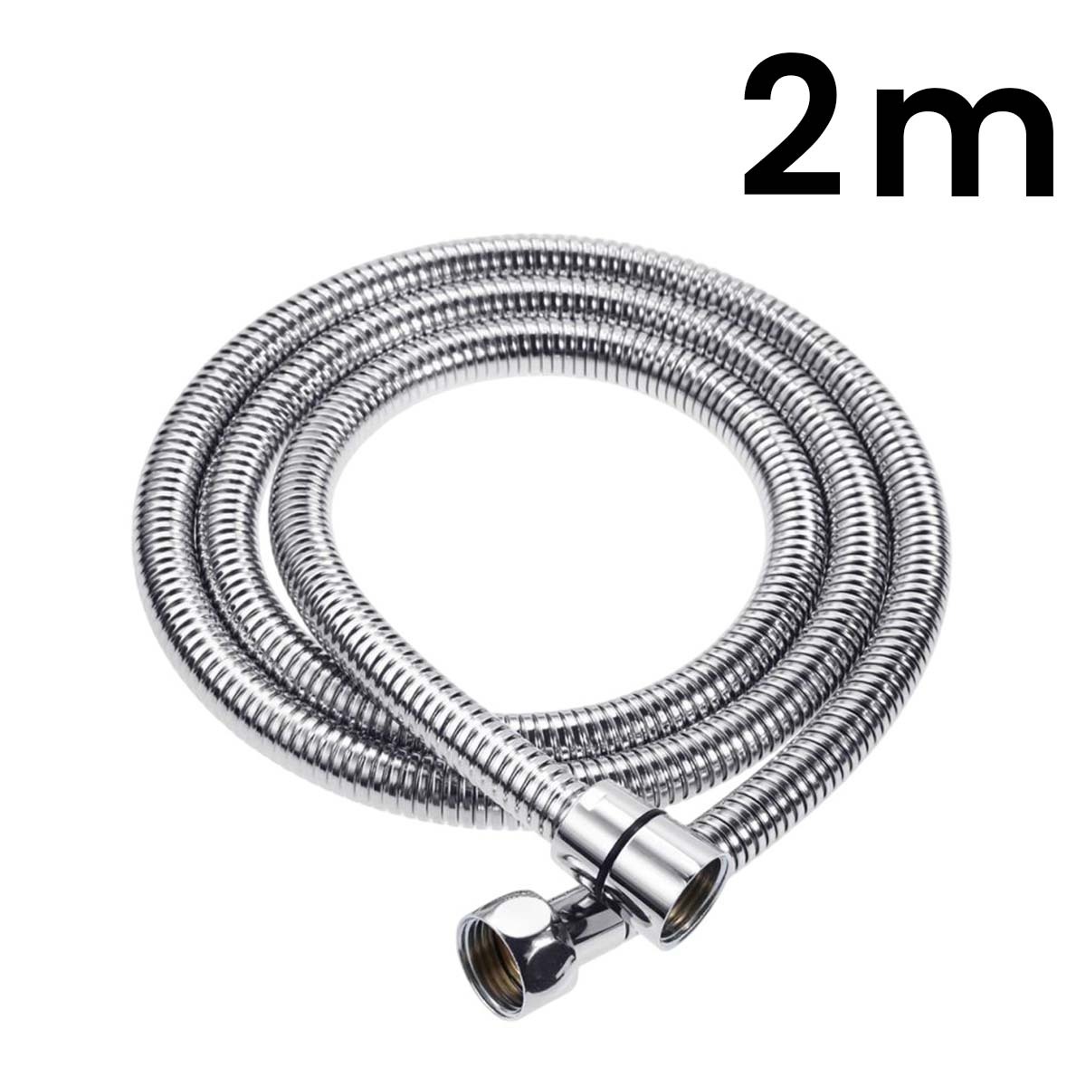 Eine 2m lange, silberne Duschbrause ist aufgerollt. Mit Anschlüssen.
