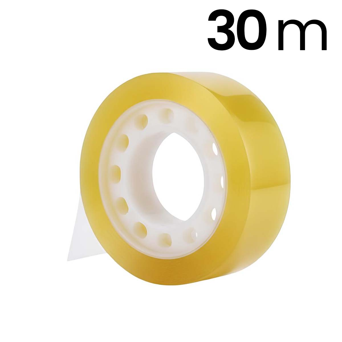 Transparente Klebebandrolle mit weißem Kern und der Angabe 30 m.