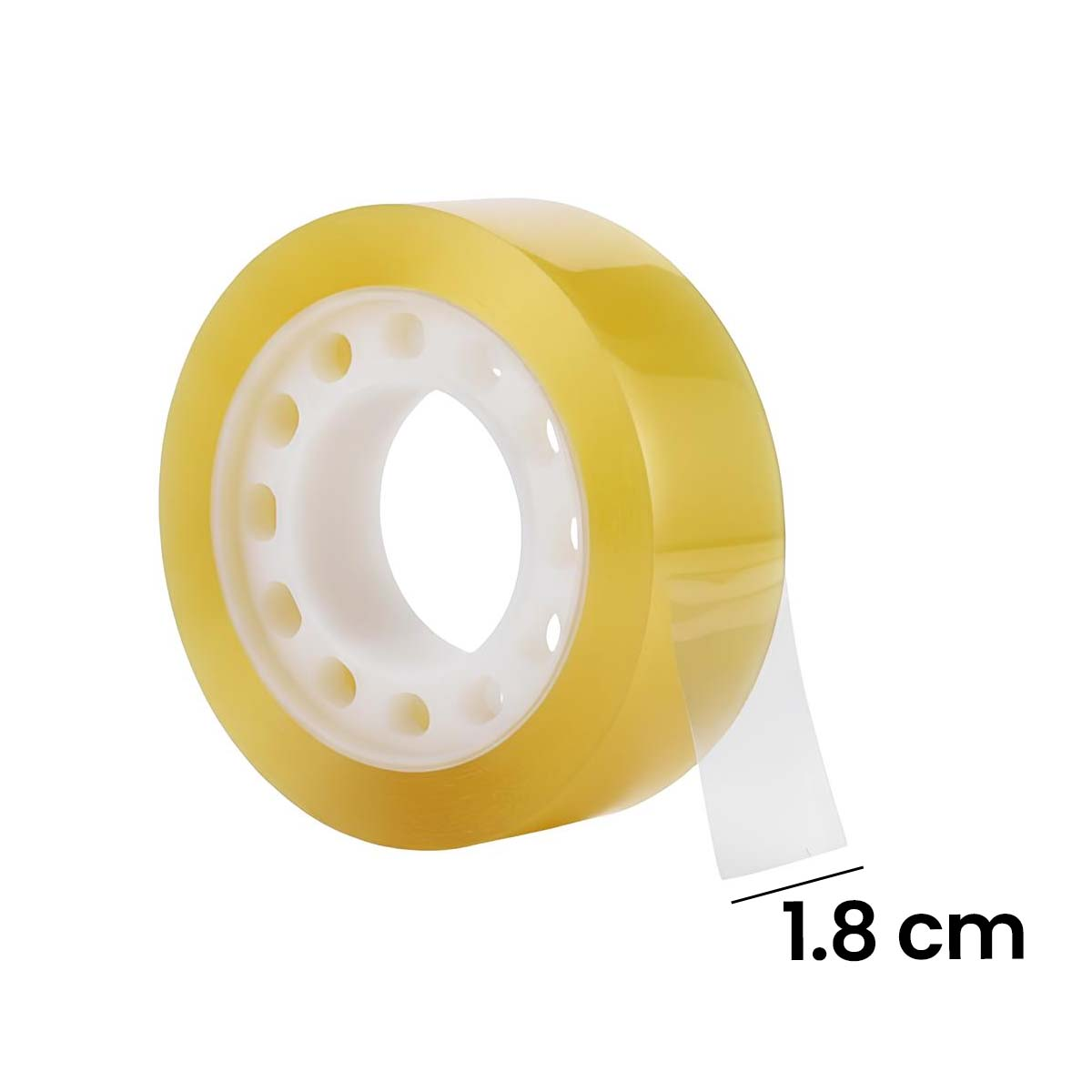 Eine Rolle transparentes Klebeband mit weißem Kern, 1,8 cm breit.