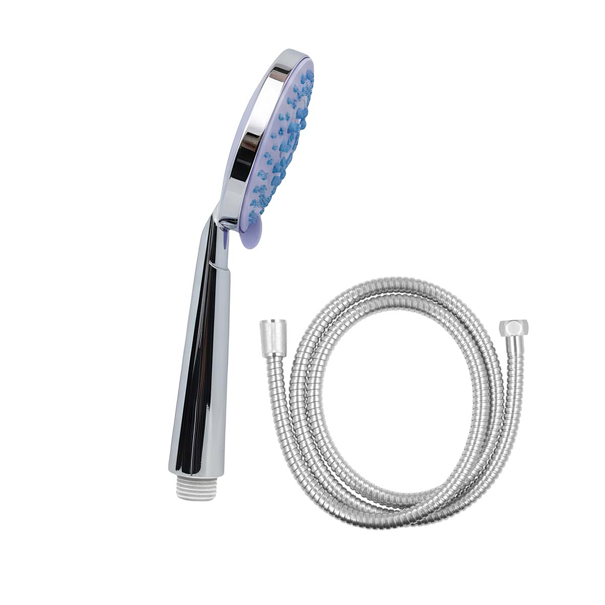 Eine verchromte Handbrause mit blauen Düsen und ein flexibler Duschschlauch.