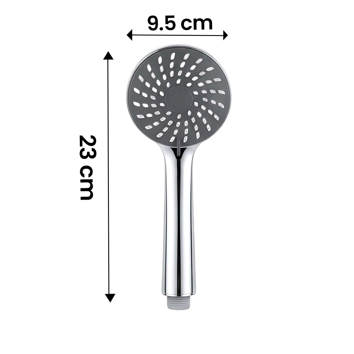 Grauer Duschkopf mit 23 cm Länge und 9,5 cm Breite.