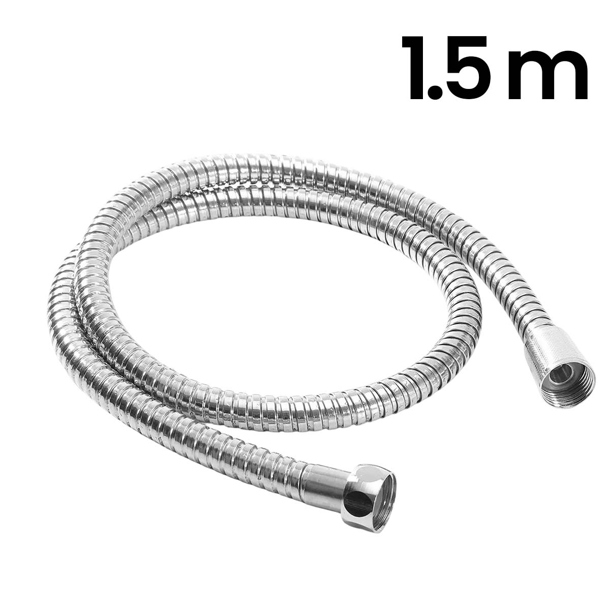 Ein 1,5 m langer flexibler Duschschlauch aus Metall ist auf weißem Hintergrund aufgerollt.