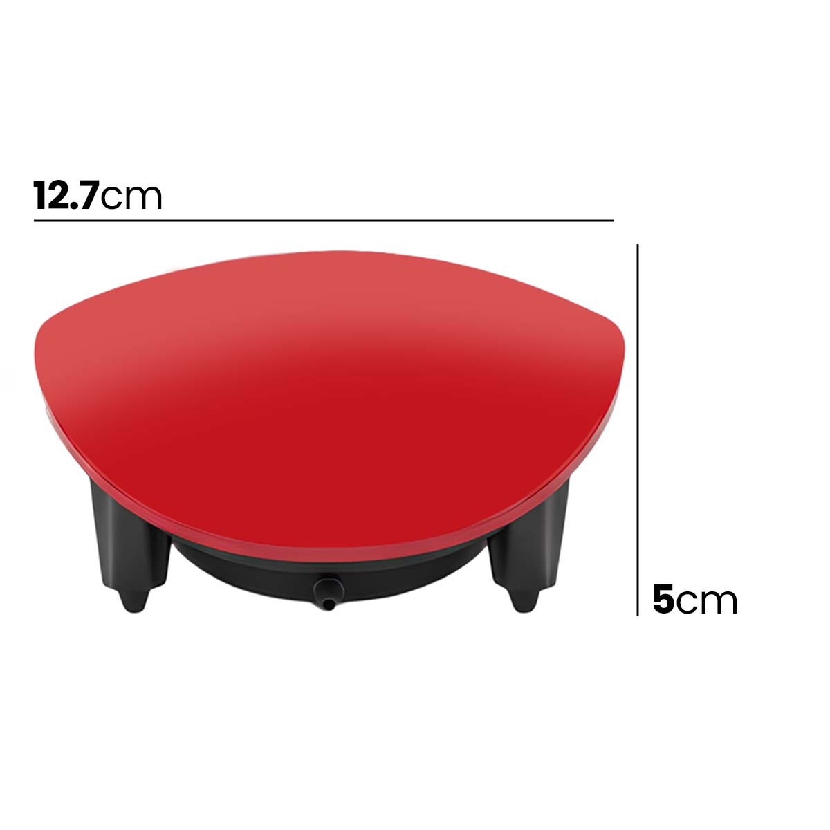 Roter, runder Objektträger mit schwarzen Beinen, 12,7 cm breit, 5 cm hoch.