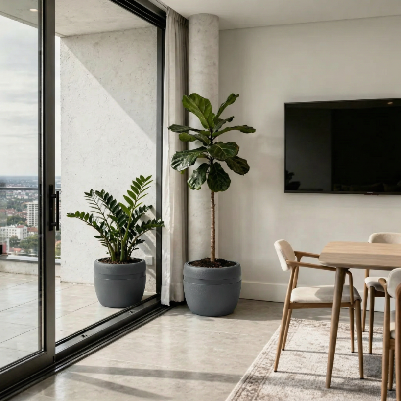 Nowoczesny salon z roślinami, stołem, krzesłami i telewizorem. Widok na balkon.