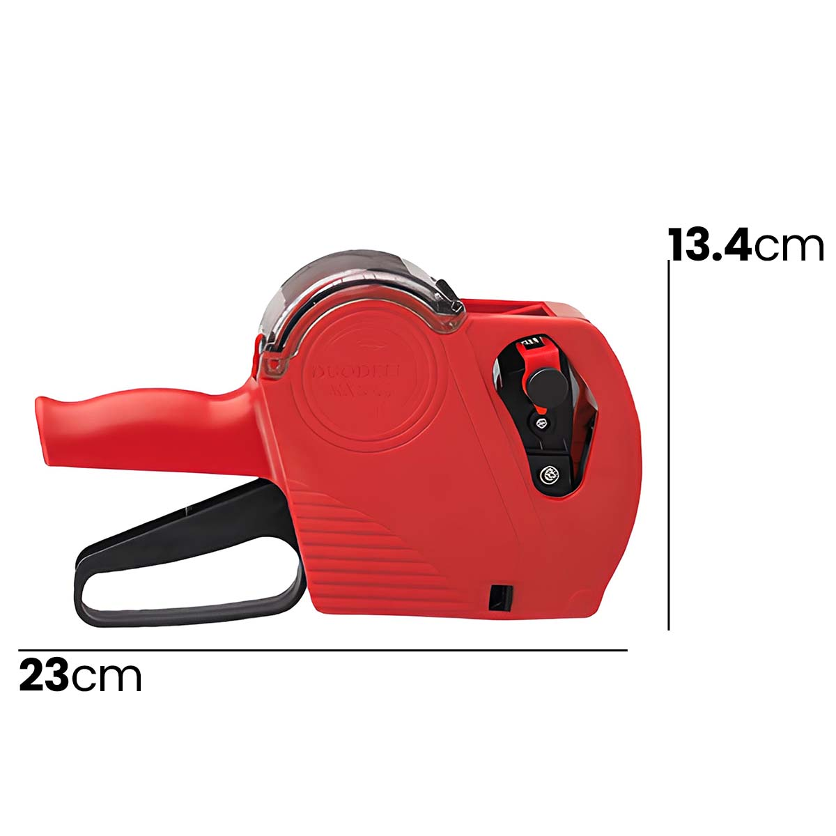 Roter Etikettendrucker mit Maßangaben 23cm und 13,4cm.