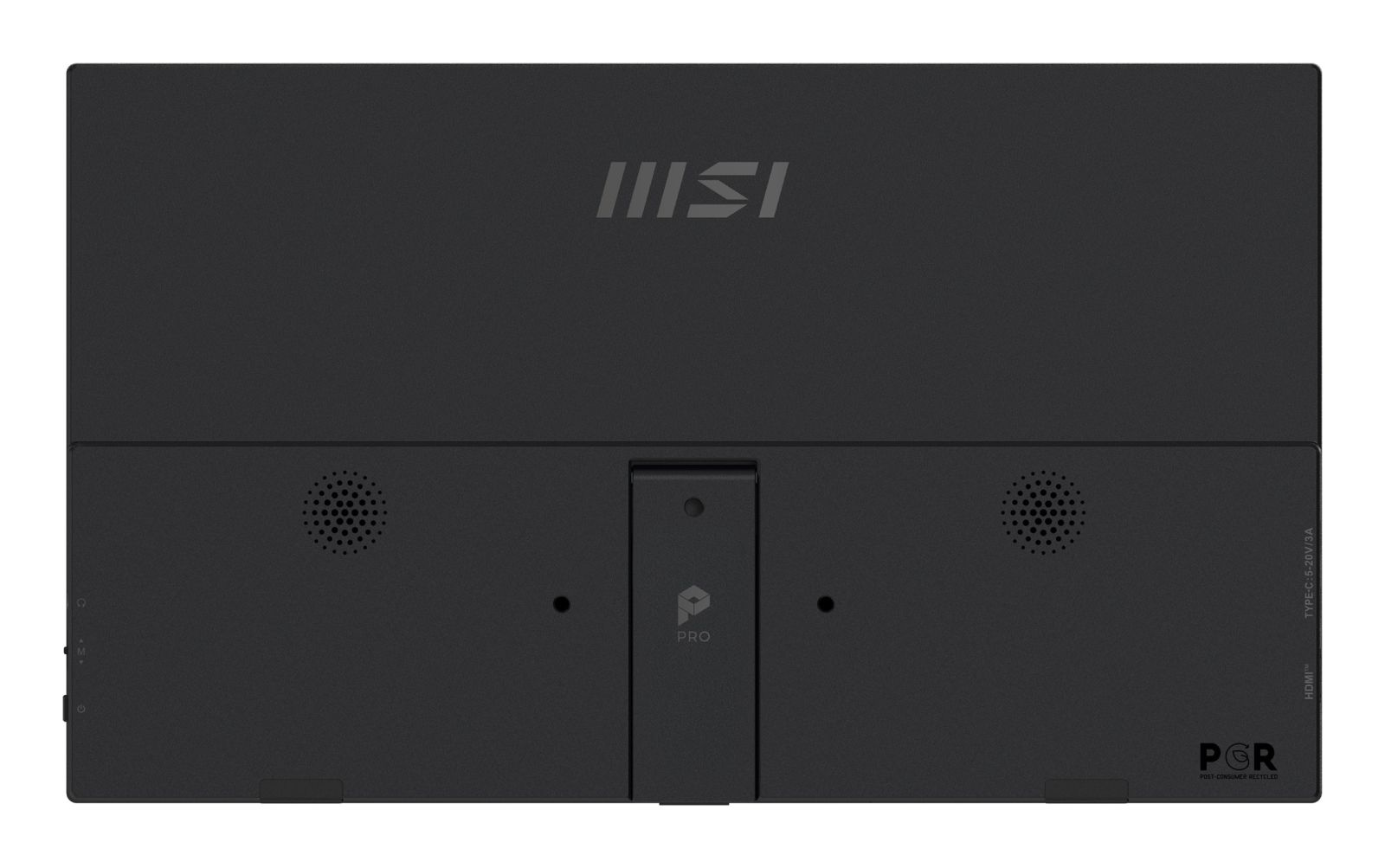 Retro di un laptop MSI nero con griglie altoparlanti e porte.