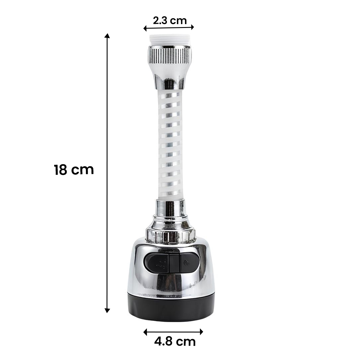 Eine verchromte Wasserhahnbrause mit flexiblem Schlauch, 18cm lang, 2,3cm breit oben, 4,8cm breit unten.
