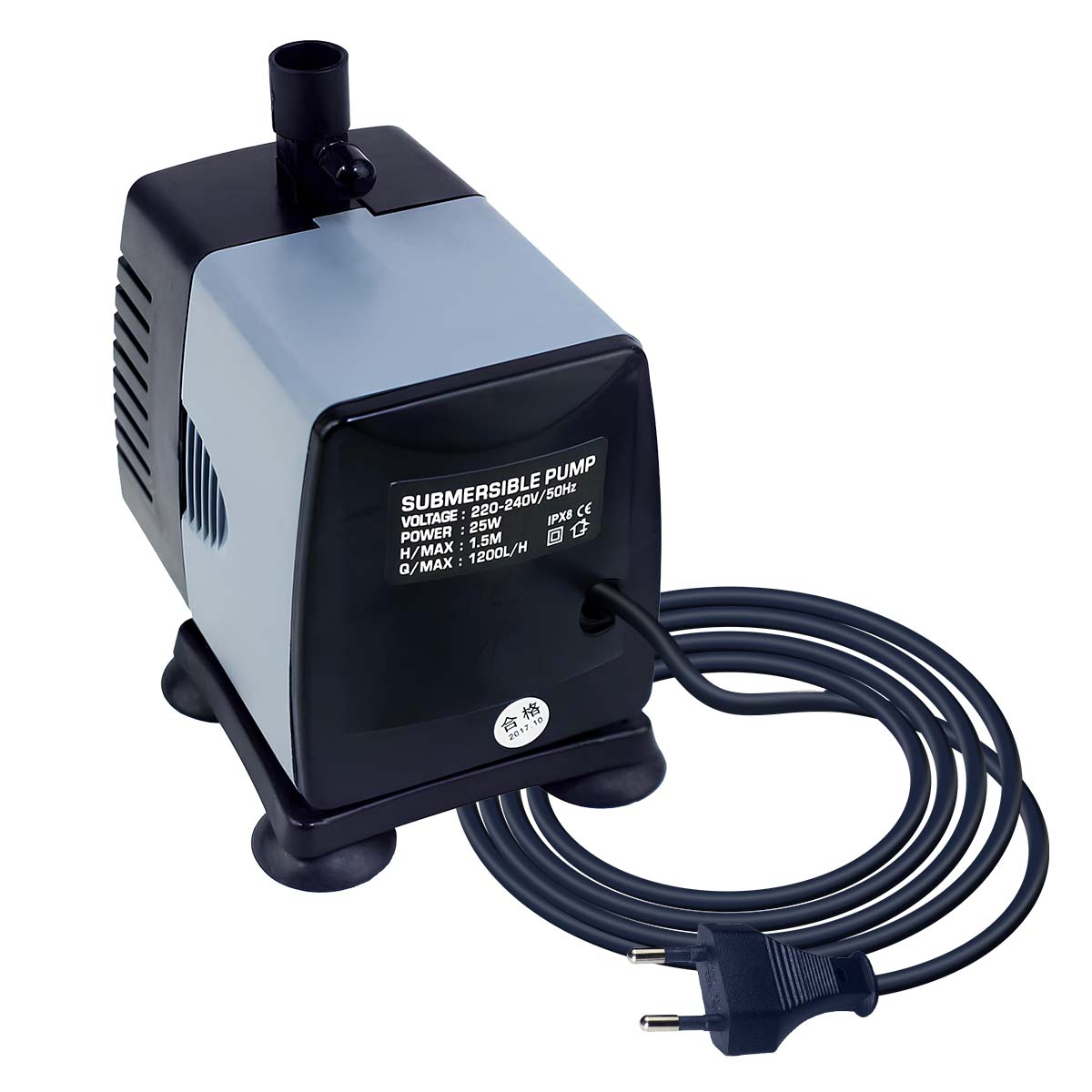 Grauer und schwarzer Unterwasserpumpen-Motor mit Kabel und Stecker.
