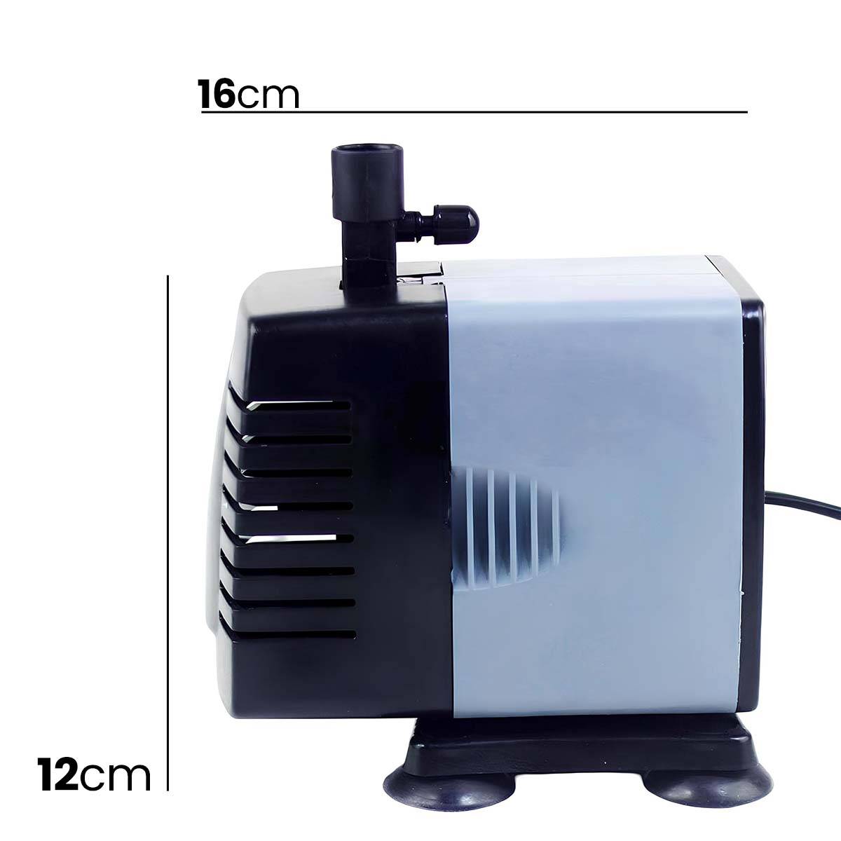 Eine schwarze und graue Tauchwasserpumpe mit Maßen 16cm und 12cm.