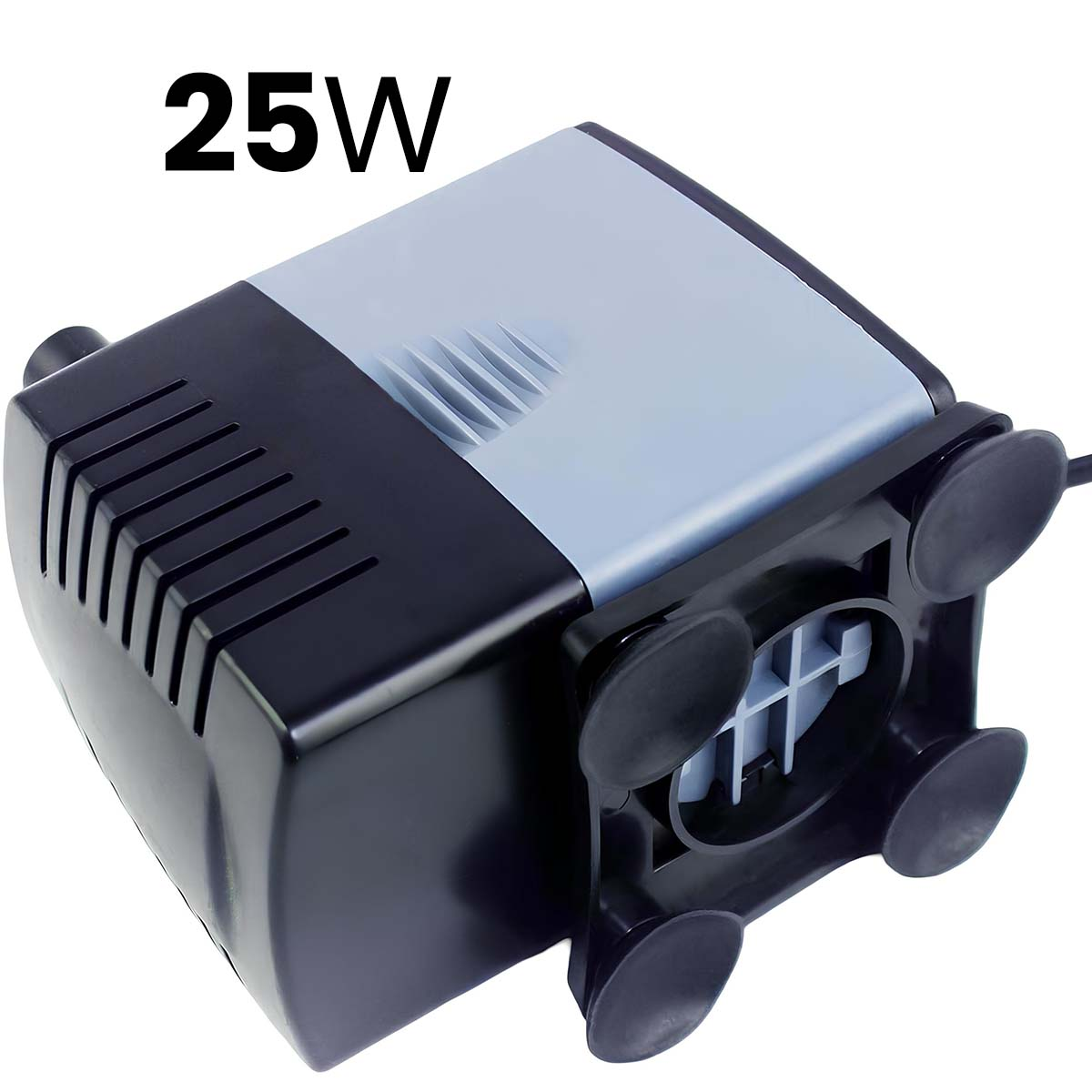 Eine 25W schwarze und graue Tauchwasserpumpe mit vier Saugnäpfen.