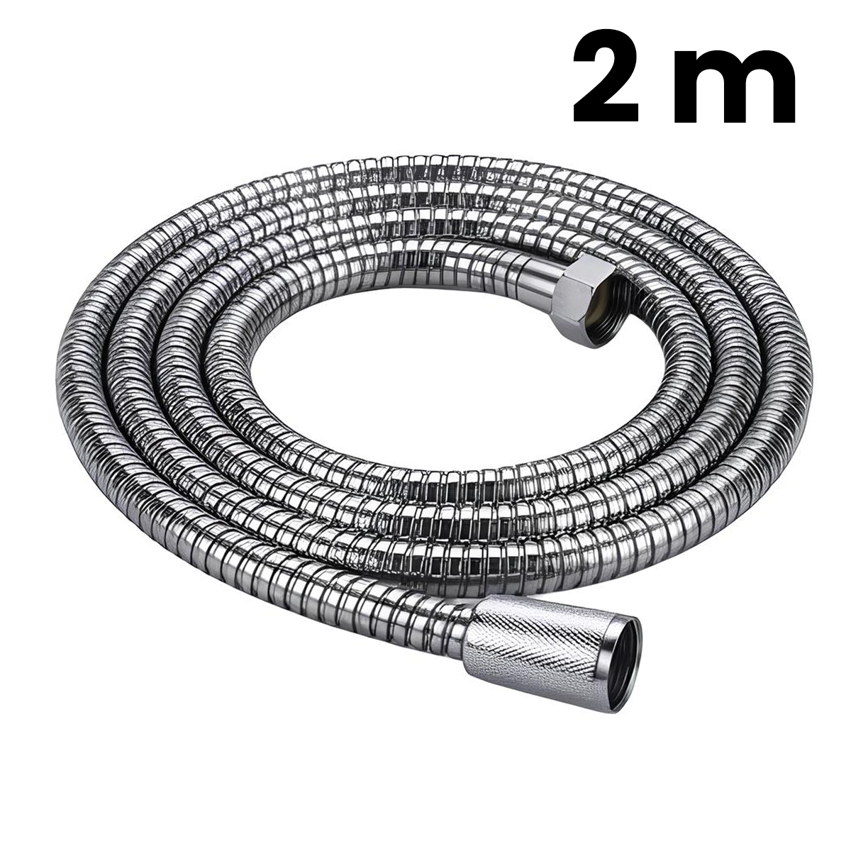 Ein 2 Meter langer, flexibler Metallduschschlauch, aufgerollt.
