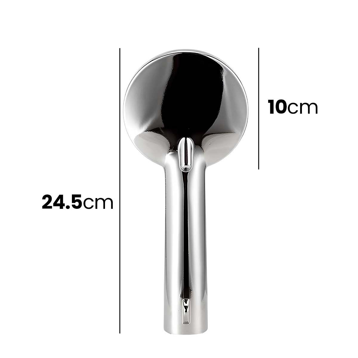 Chrom-Duschkopf, 24,5cm lang, 10cm breit. Weißer Hintergrund.