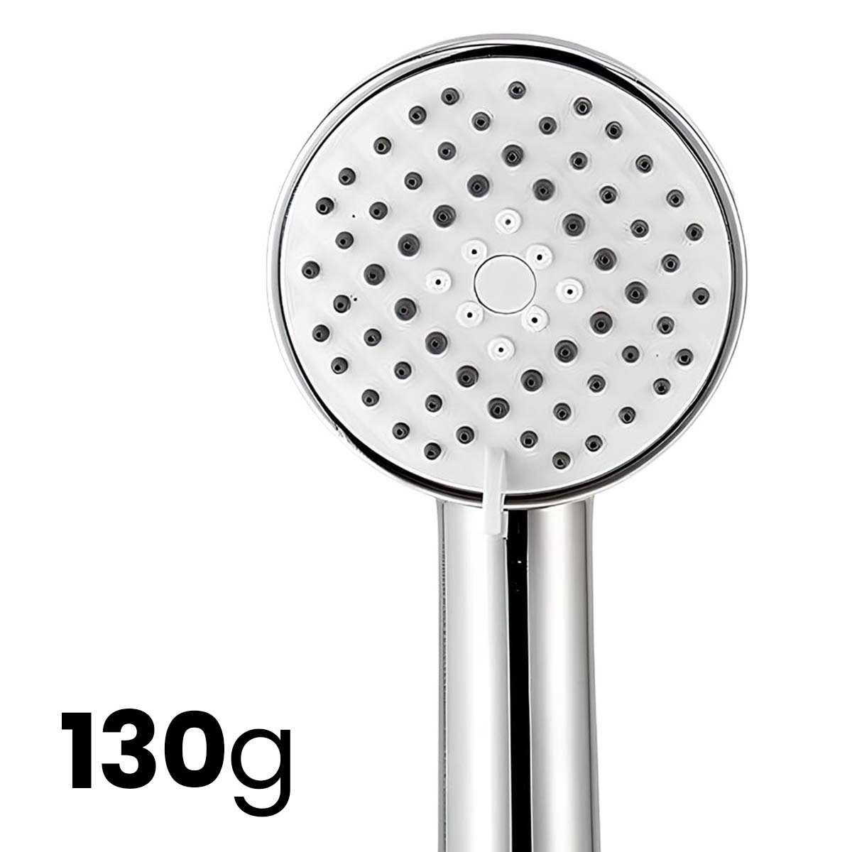 Ein silberner Duschkopf mit vielen kleinen Düsen und einem Gewicht von 130g.