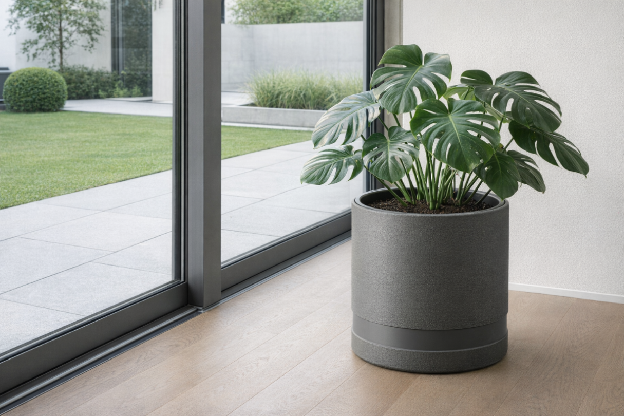 Monstera w szarej donicy na drewnianej podłodze obok dużego okna.
