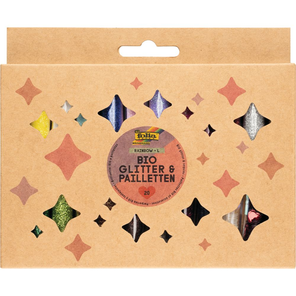 Schachtel mit Glitzer und Pailletten, sternförmige Ausschnitte mit bunten Glitzern.