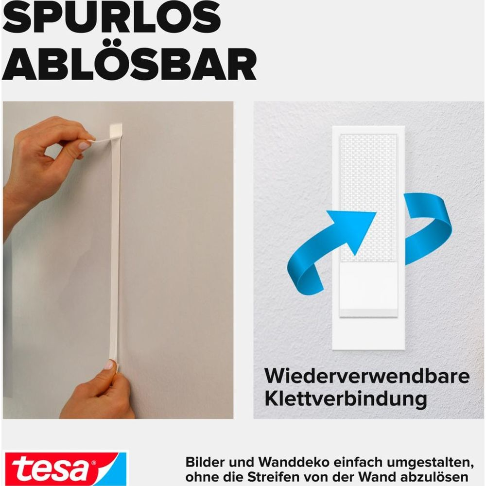 Eine Hand zieht Klebeband von einer Wand. Daneben ein Klettverschluss-System.