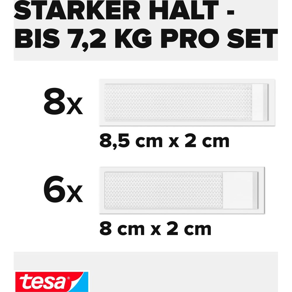 8x 8,5cm x 2cm und 6x 8cm x 2cm Klebestreifen. Starker Halt.