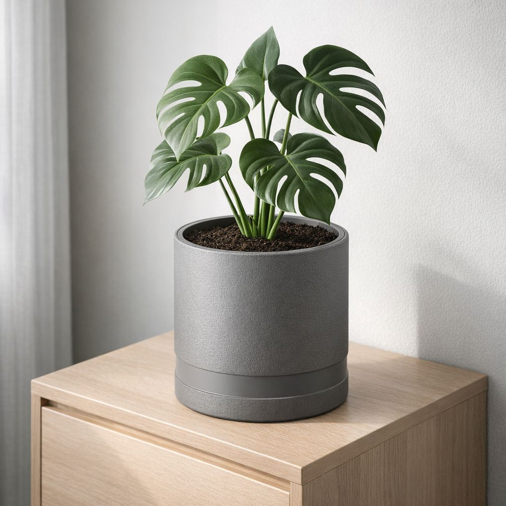 Zielona roślina monstera w szarej doniczce na drewnianym stole.