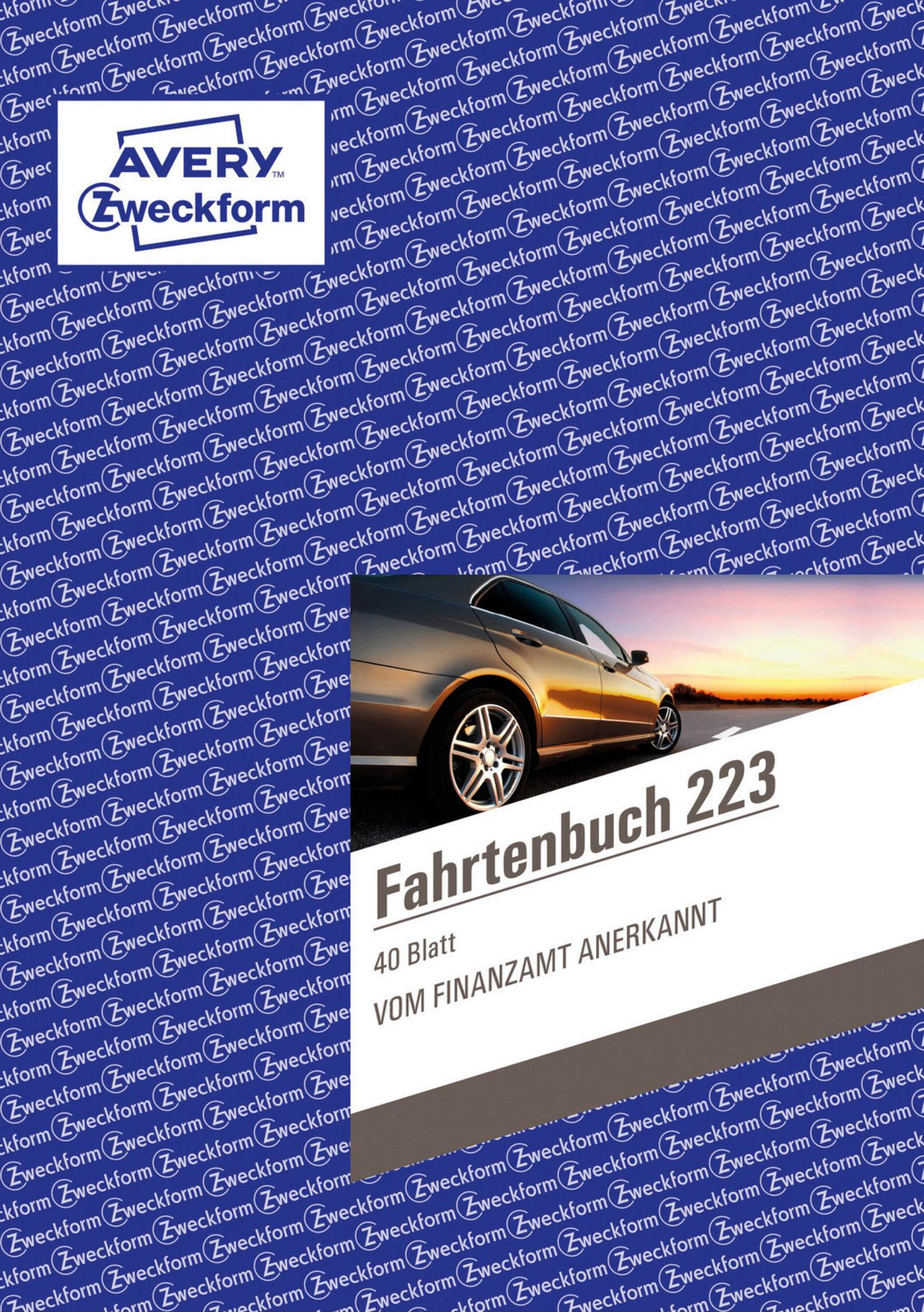 Ein goldenes Auto steht vor einem Sonnenuntergang. Die Überschrift lautet: Fahrtenbuch 223.