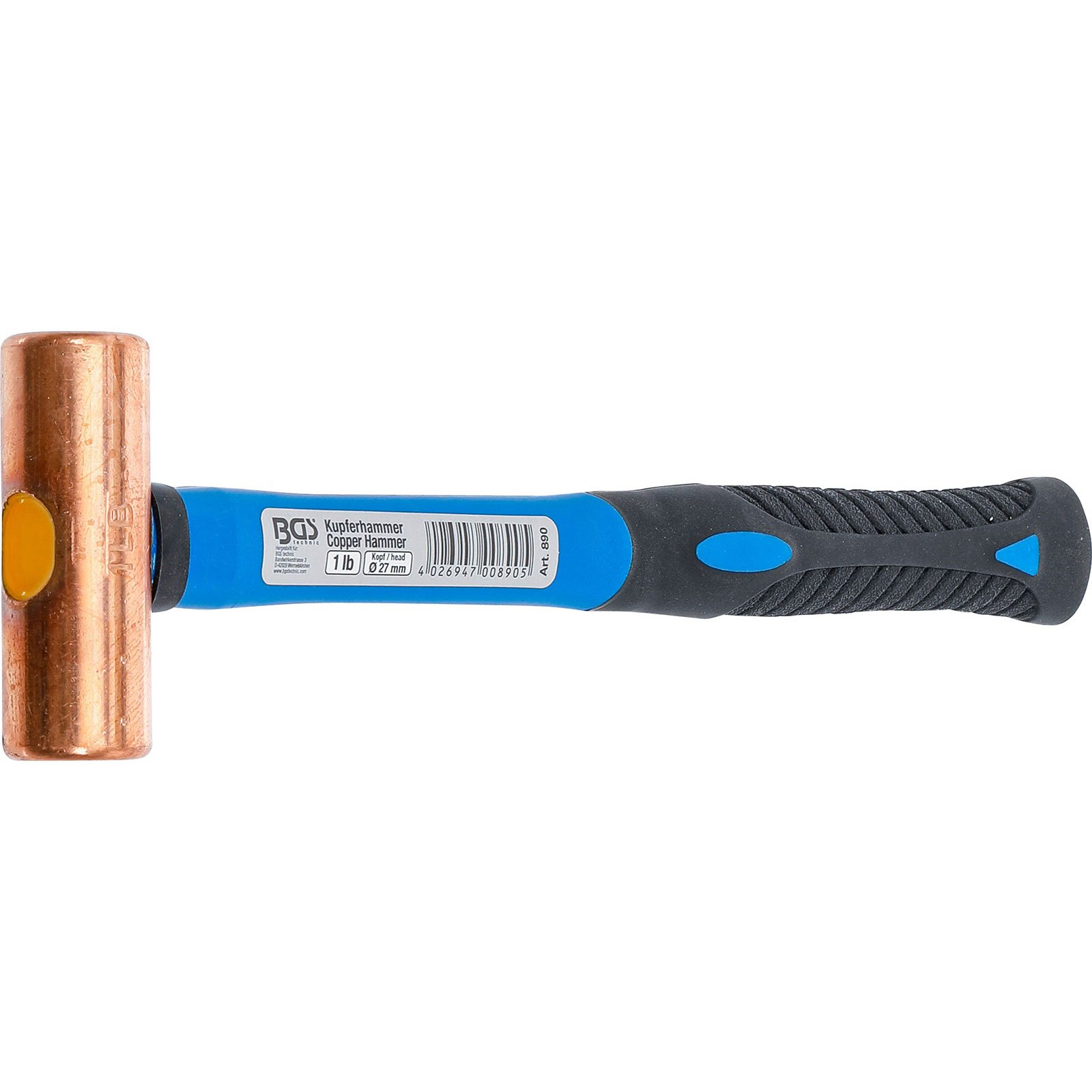 Ein Kupferhammer mit blauem Griff und schwarzer Gummierung liegt auf weißem Hintergrund.