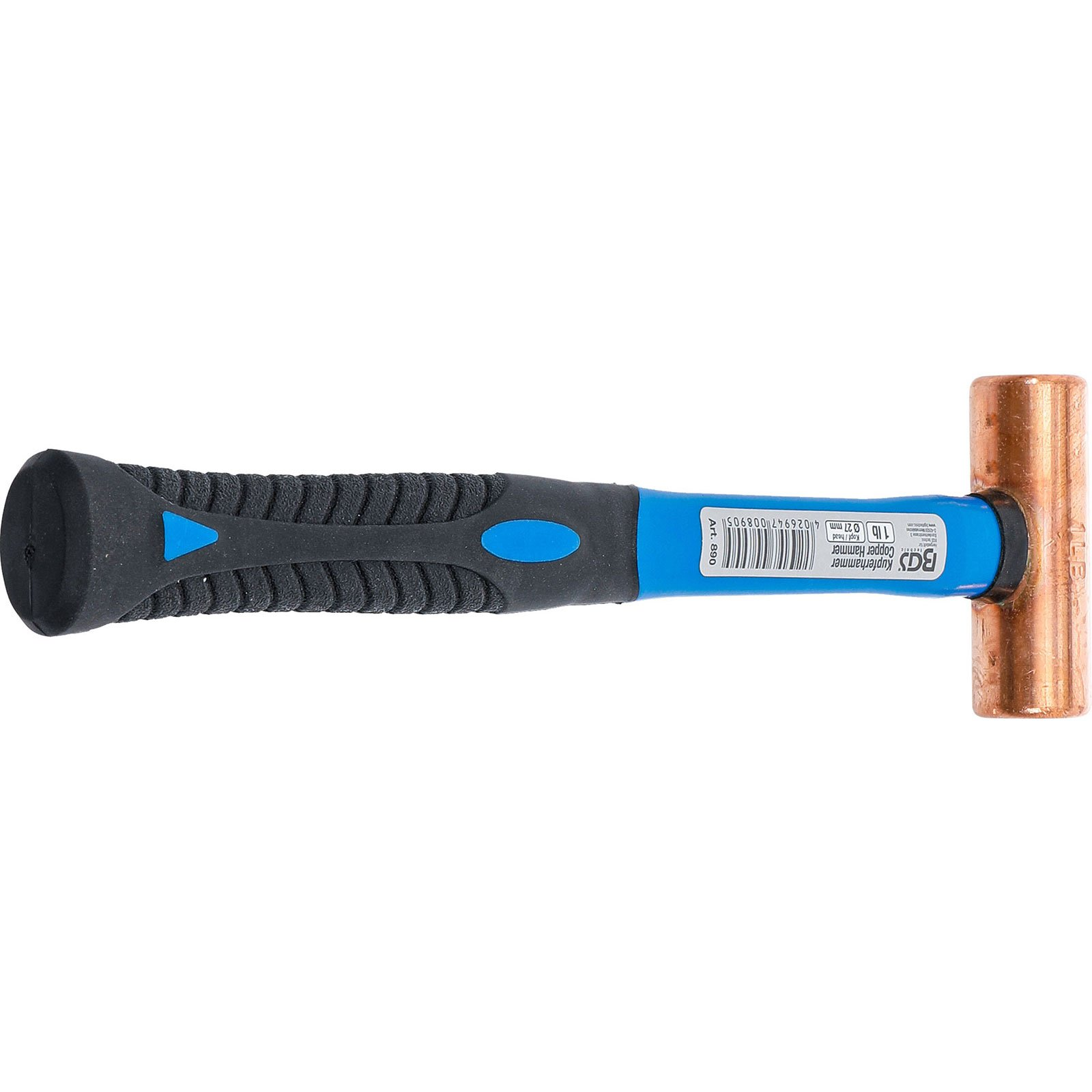 Ein Kupferhammer mit schwarzem Griff und blauen Akzenten, auf weißem Hintergrund.