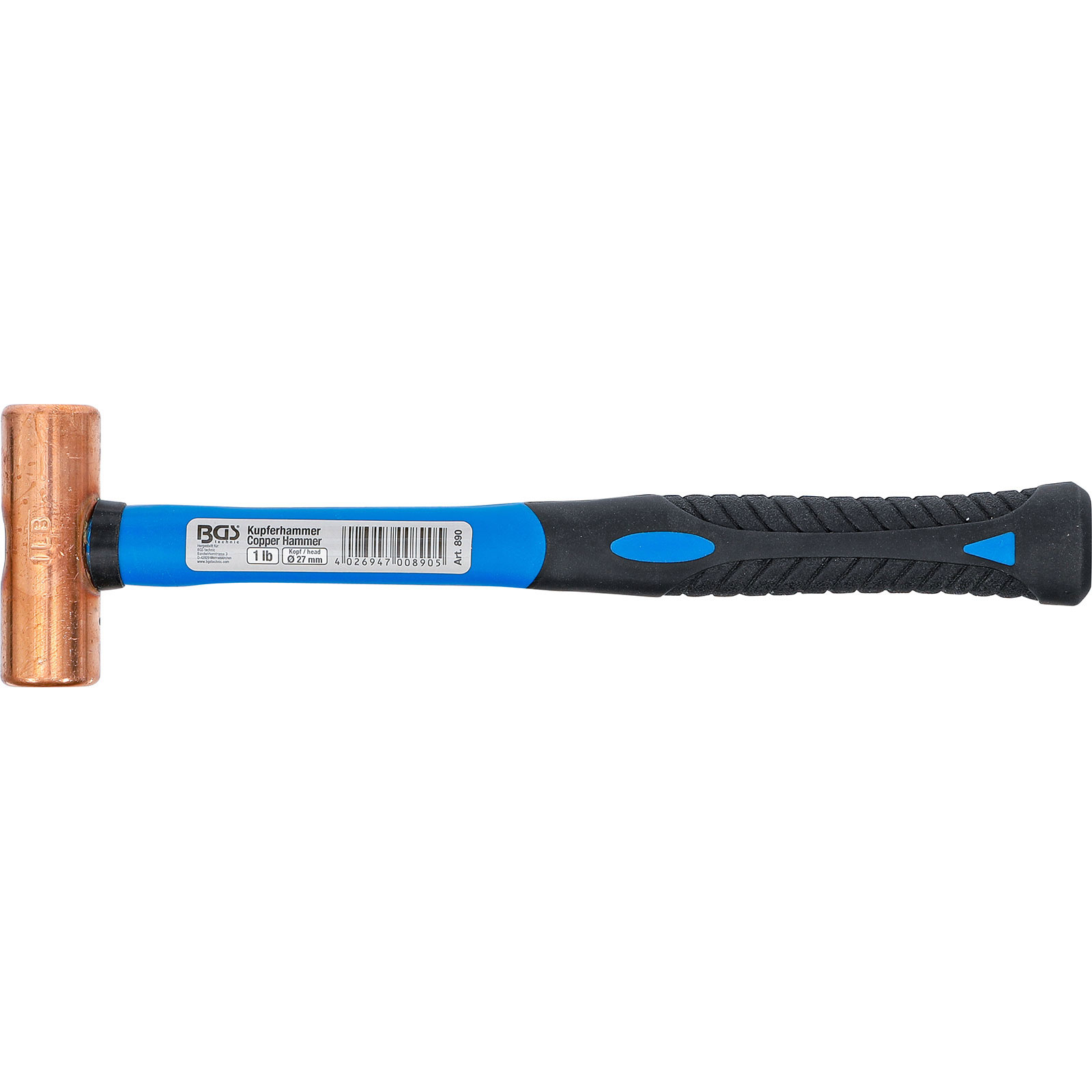 Kupferhammer mit blau-schwarzem Griff auf weißem Hintergrund.