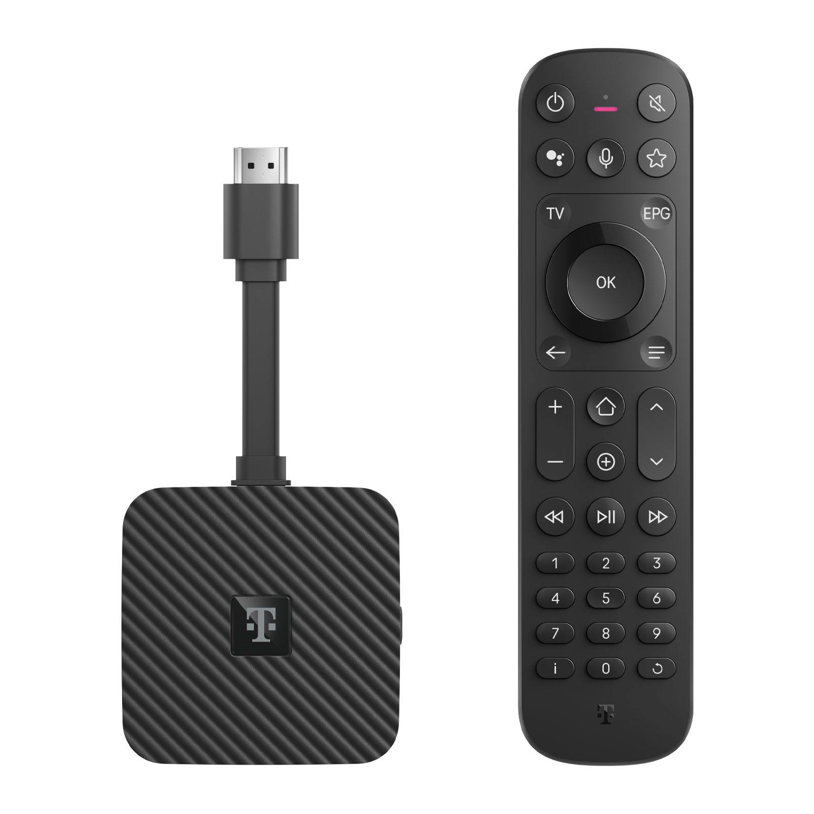 Ein schwarzer Streaming-Stick mit HDMI-Kabel und Fernbedienung.