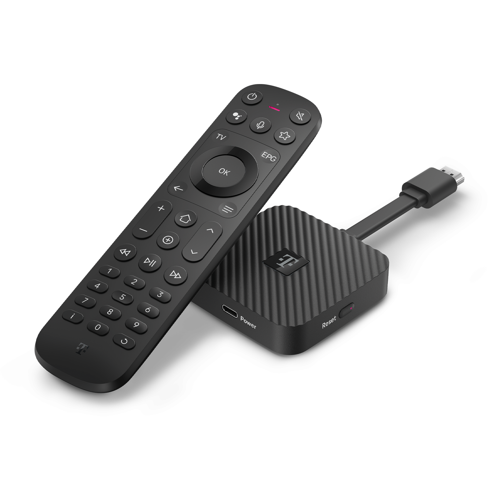 Ein schwarzer Fernbedienungs- und Streaming-Gerät mit HDMI-Kabel. T-Logo.