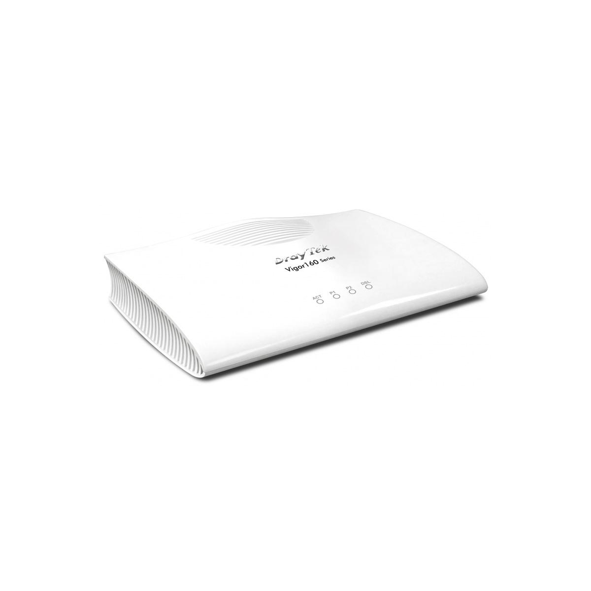 Ein weißer DrayTek Vigor160 Router mit Statusanzeigen auf weißem Hintergrund.