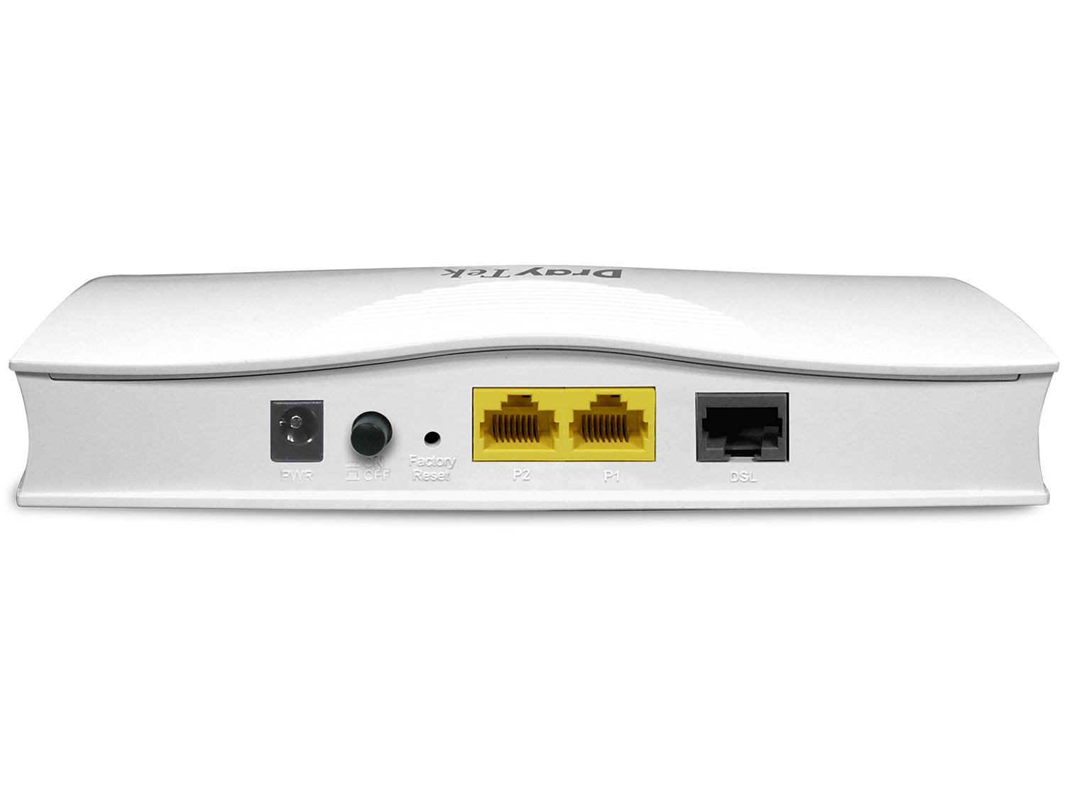 Rückseite eines weißen DrayTek-Routers mit Anschlüssen: PWR, Ein/Aus-Schalter, Reset, zwei gelbe LAN-Anschlüsse, ein DSL-Anschluss.