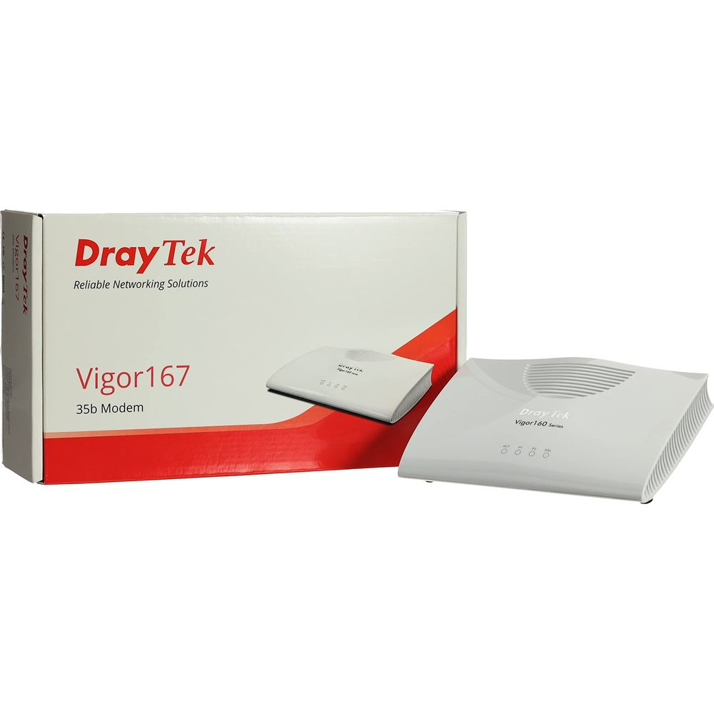 DrayTek Vigor167 35b Modem-Box neben einem weißen Vigor 160 Series Router.